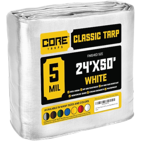 Core Tarps Heavy Duty Tarp, 50 ft L x 0.5 mm H x 24 ft W, 5 Mil, White, Polyethylene CT-504-24X50